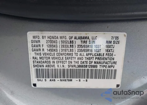 2005 Honda Odyssey Ex-L from USA, damaged, VIN 5FNRL38665B129989